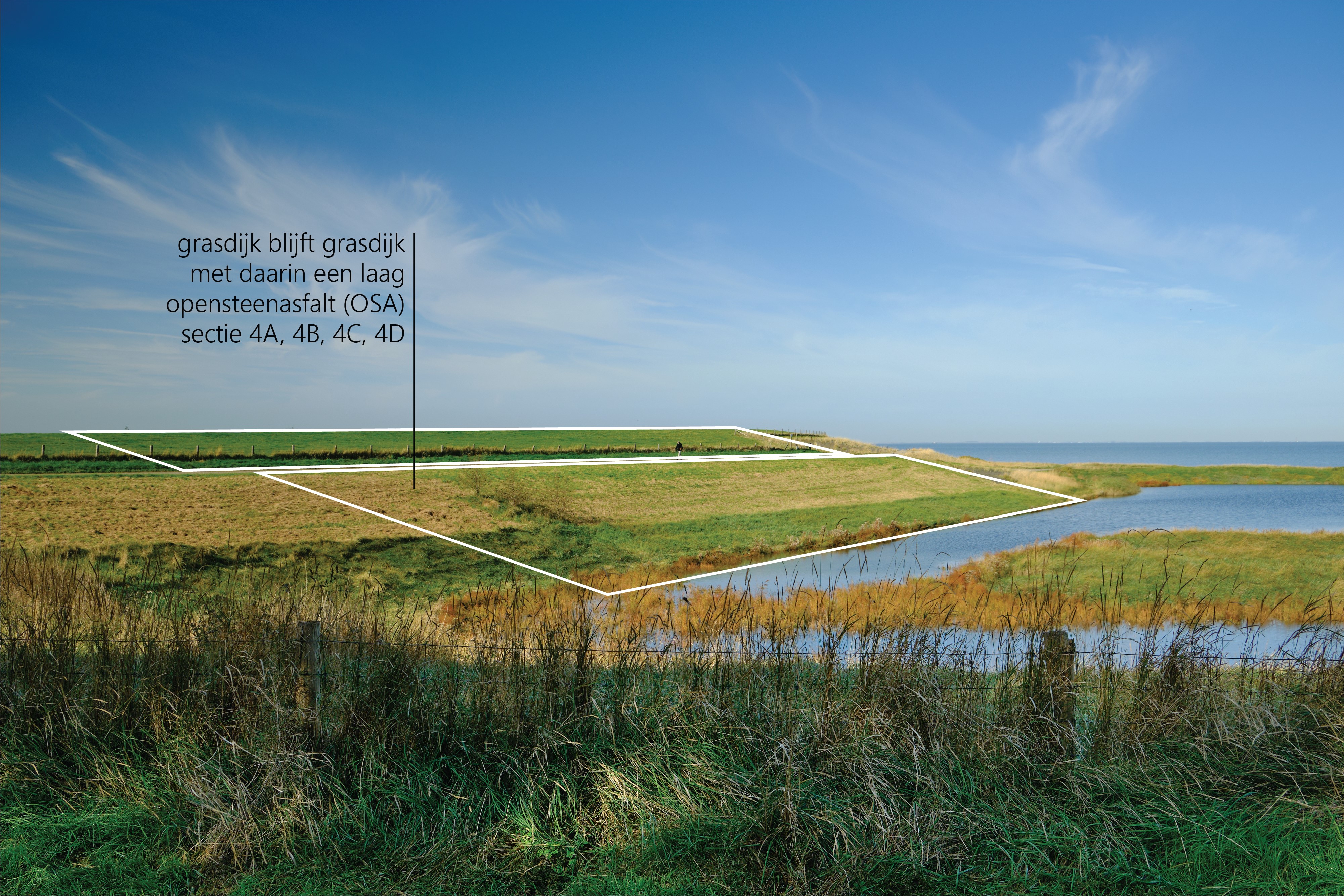Deze afbeelding geeft aan waar de grasbekleding wordt vervangen binnen deeltraject Wieringer Zeewering.