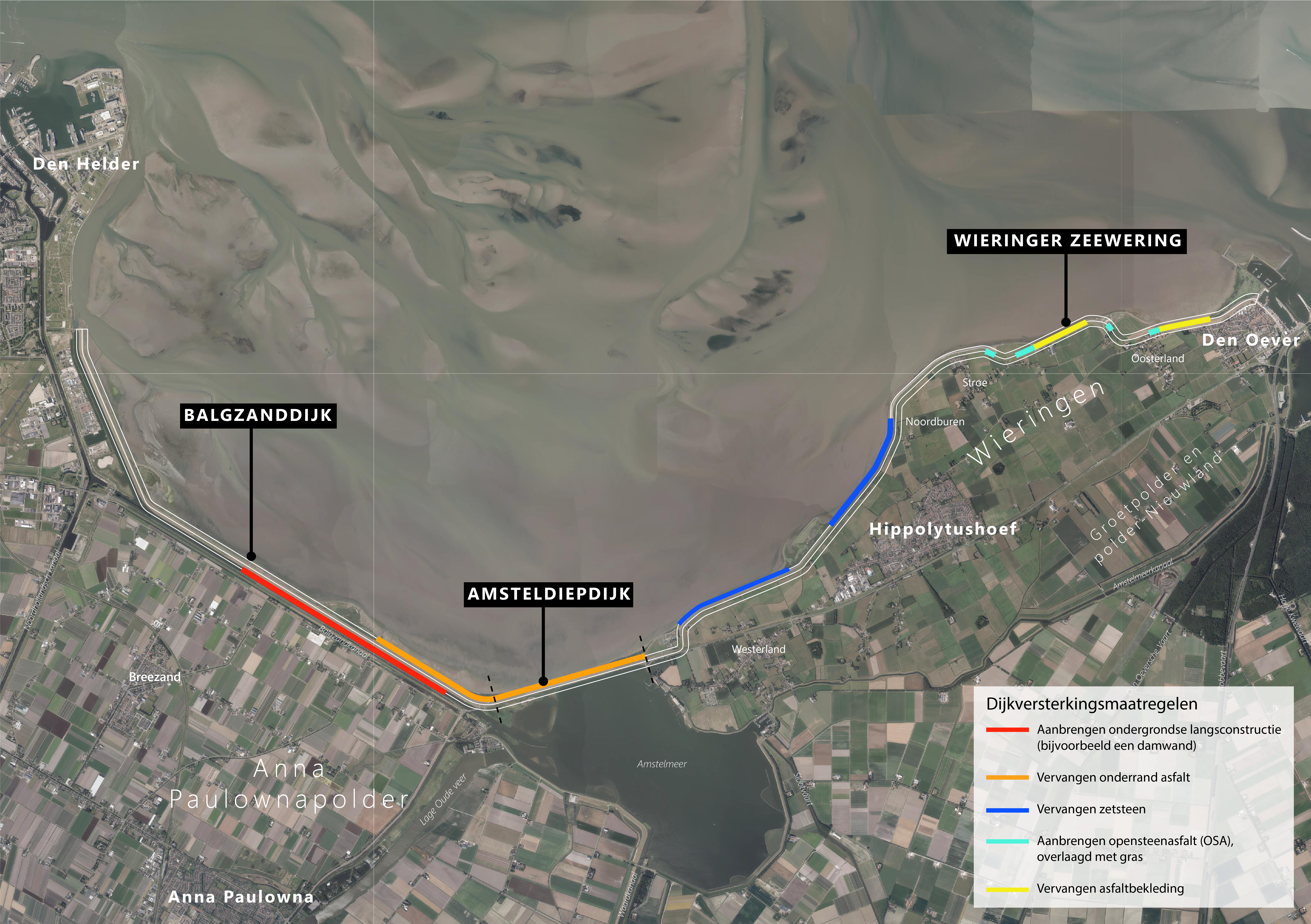 Op deze afbeelding is een overzicht opgenomen van de dijkversterkingsmaatregelen per dijktraject.