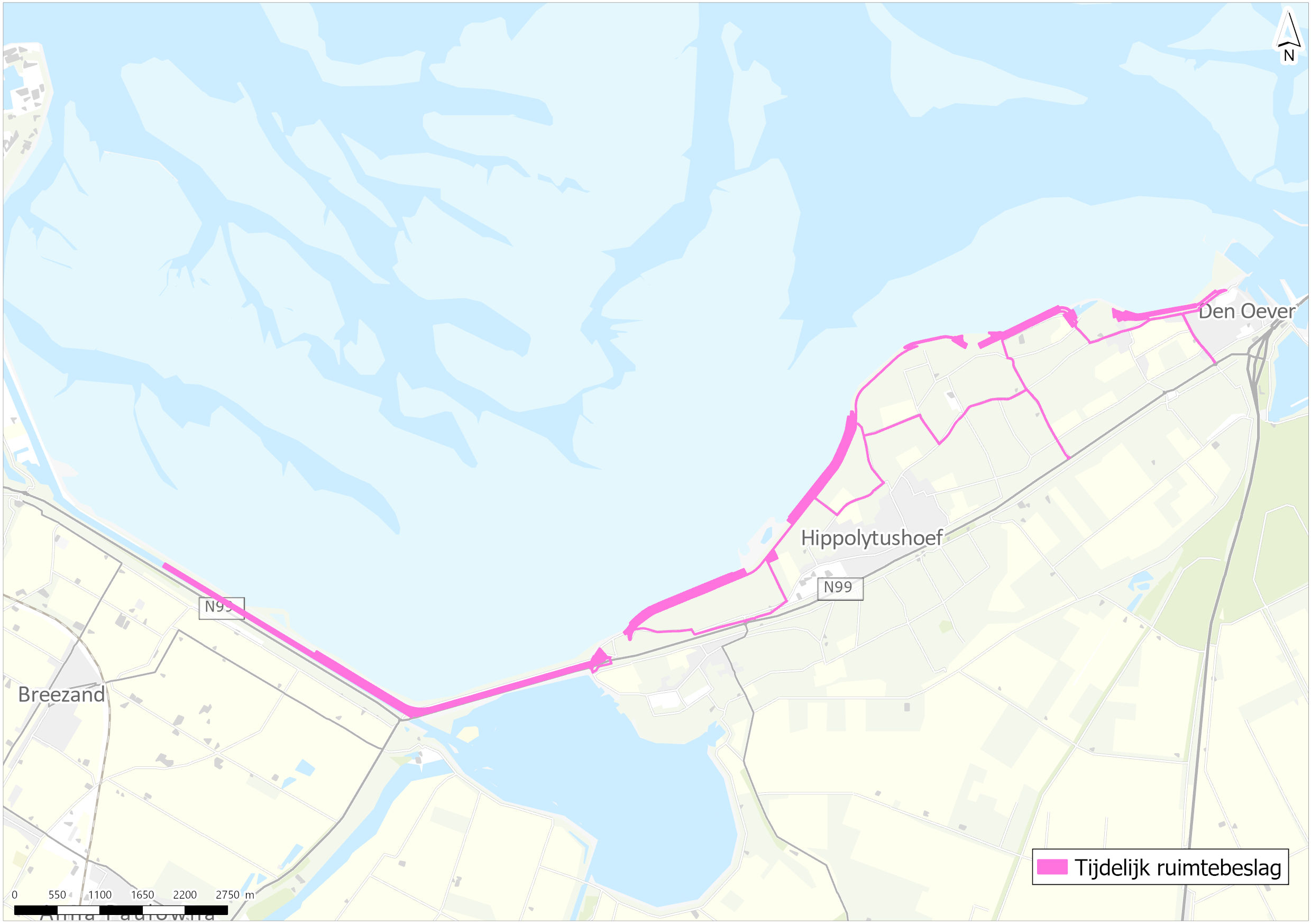 Deze afbeelding geeft het tijdelijk ruimtebeslag weer van de dijkversterking Den Oever - Den Helder.