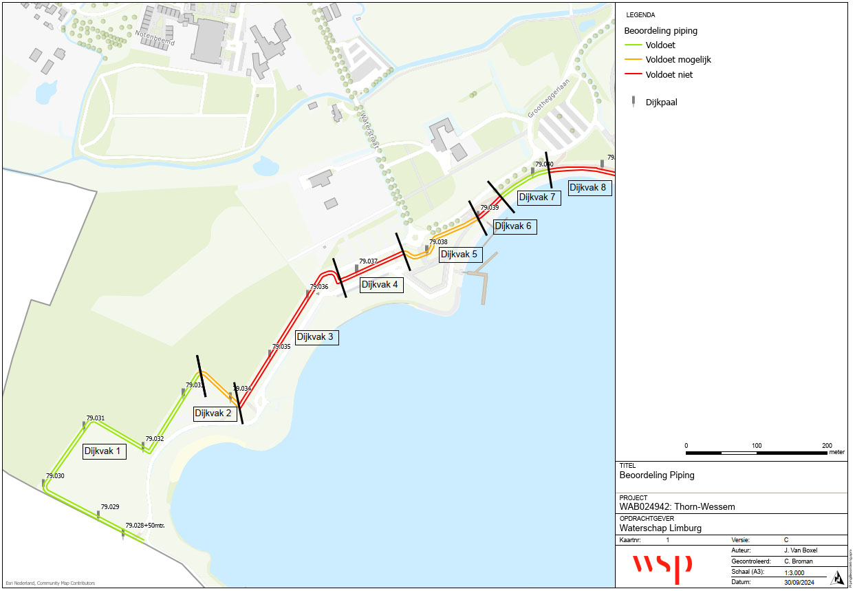 Kaart met een overzicht van de pipingmaatregelen opgedeeld in dijkvakken 1 t/m 8. Waar in wordt aangegeven of de piping beoordeling voldoet, mogelijk voldoet of niet voldoet. Hierbij wordt dijkvak 1 en 7 voldaan, dijkvak 2 en 5 mogelijk voldaan en dijkvak 3, 4, 6 en 8 niet voldaan.
