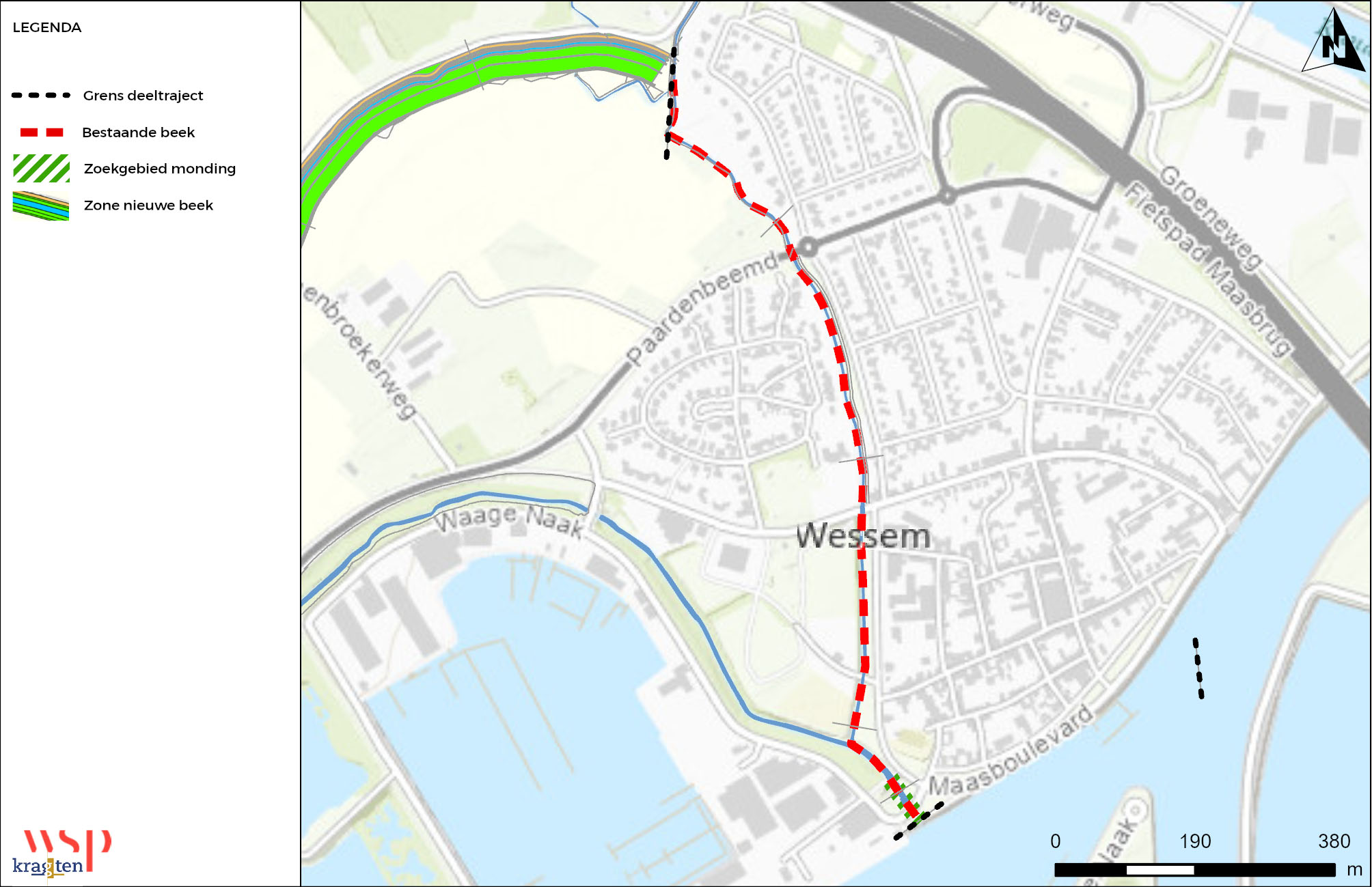 Tekening Deeltraject E met de grens van dit deeltraject weergeven en het deeltraject zelf als rode stippelijn weergeven.