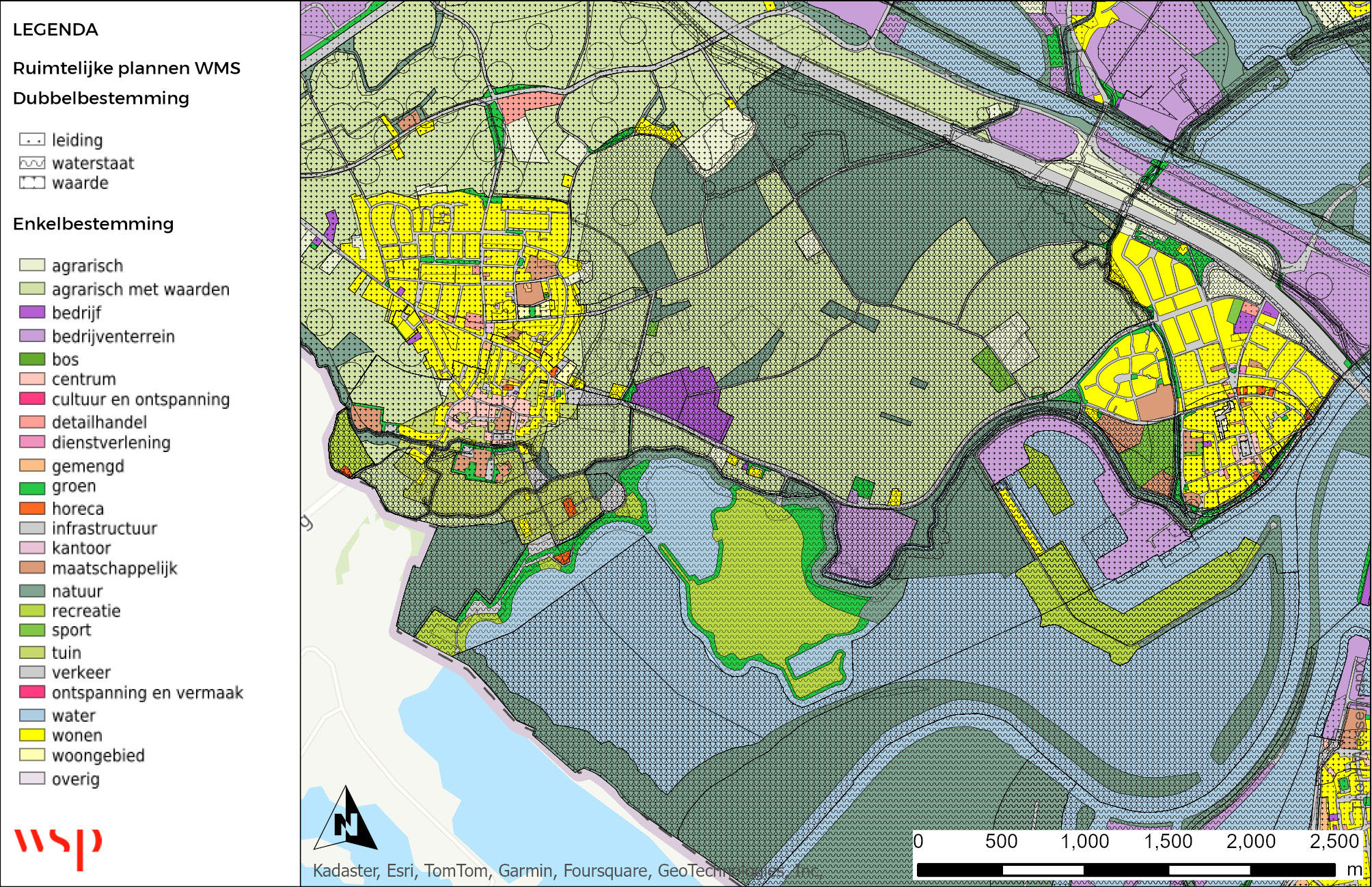 Kaart met daarop de huidige functie bestemmingen in en rondom het plangebied van Thorn-Wessem