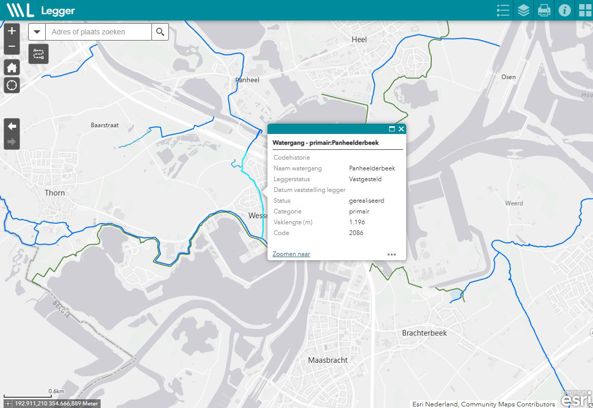 Kaart van de Legger WL. waarbij de Panheelderbeek en Thornerbeek zijn aangemerkt als primaire watergangen