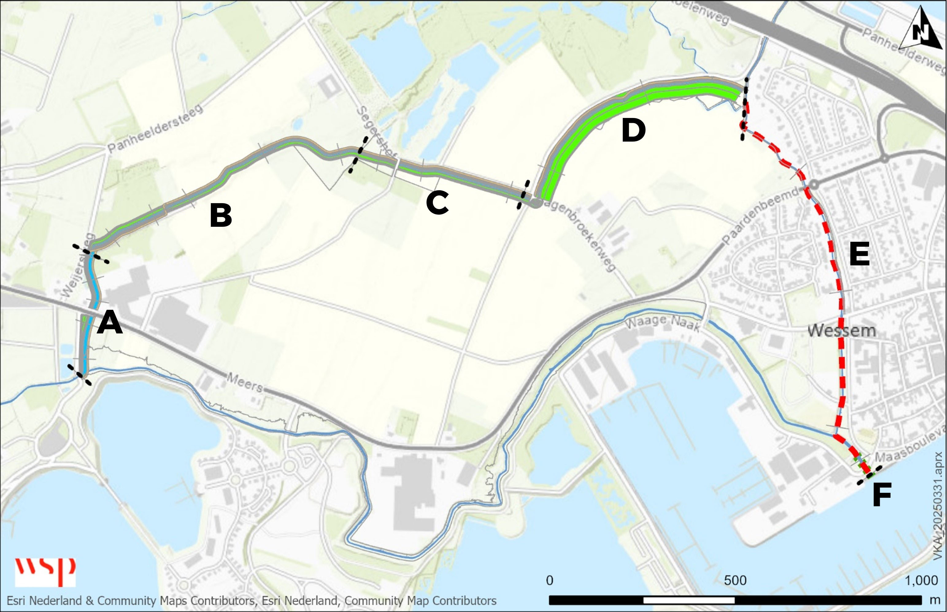Tekening van het beektraject, inclusief locatie aanduiding van de deeltrajecten A t/m F.