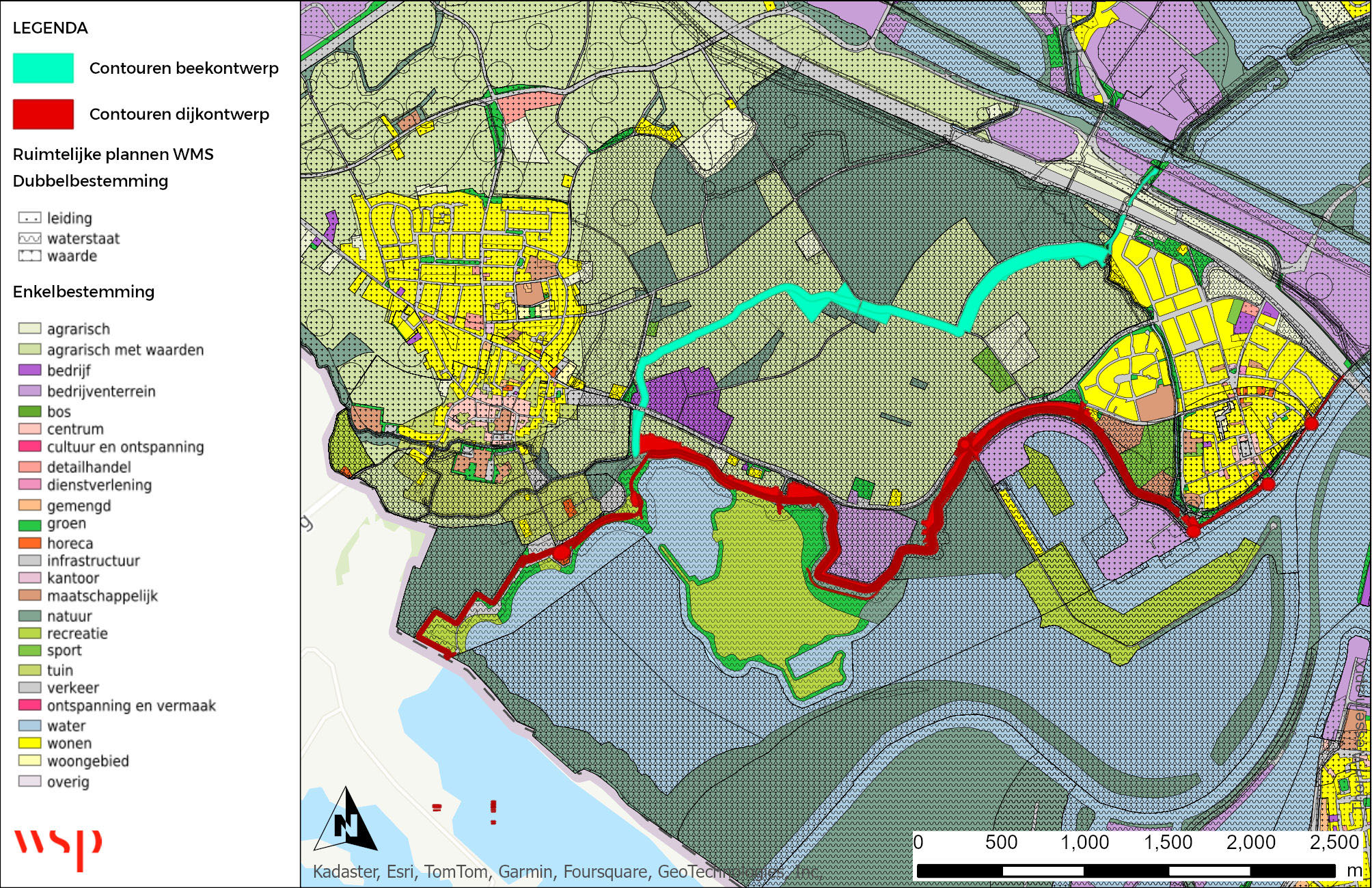 Kaart met daarop de huidige functie bestemmingen in en rondom het plangebied van Thorn-Wessem met daarin de nieuwe beek in lichtblauw en de waterkering in rood weergeven