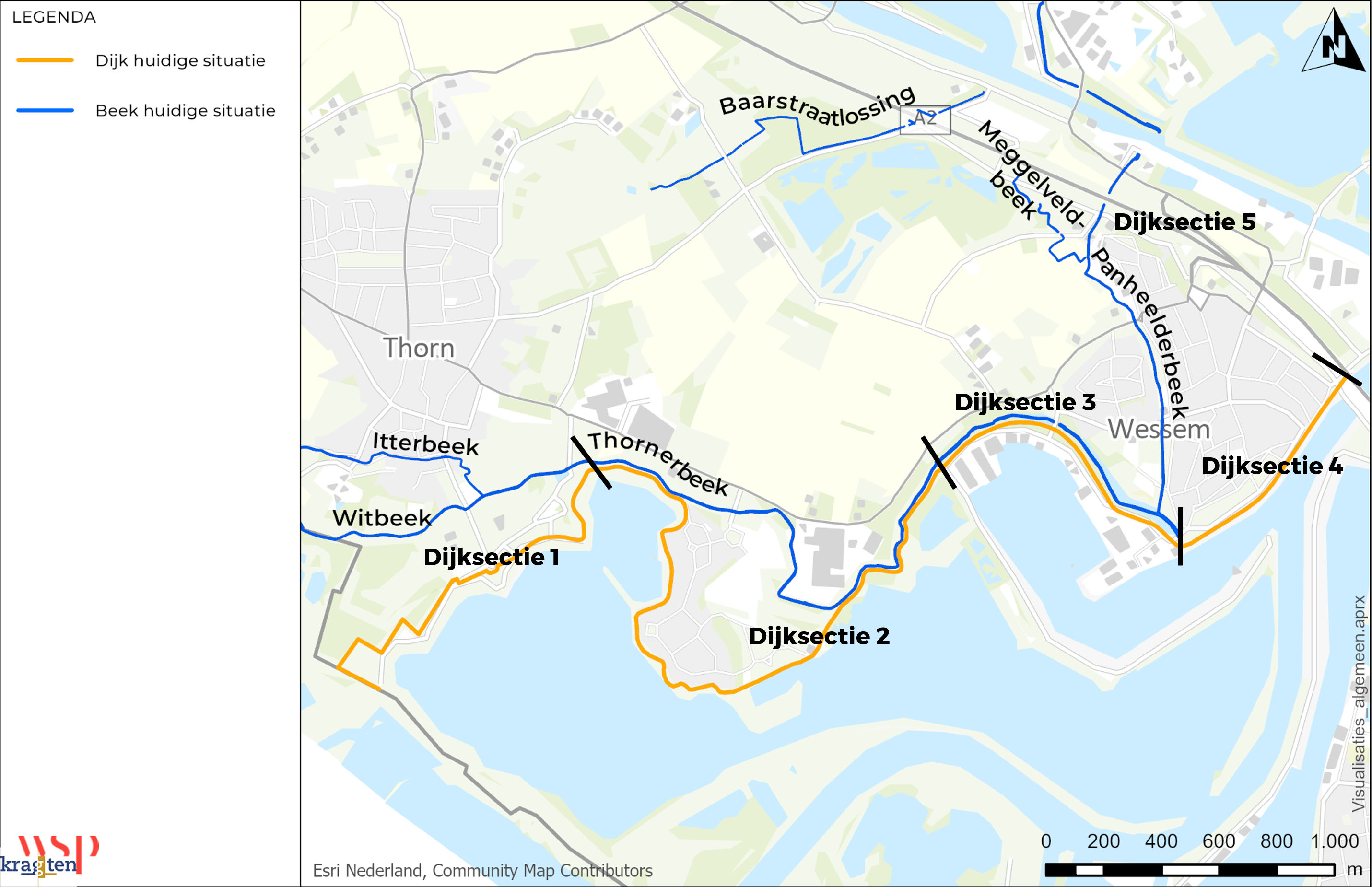 Kaart die de dijktrajecten en beek trajecten weergeeft