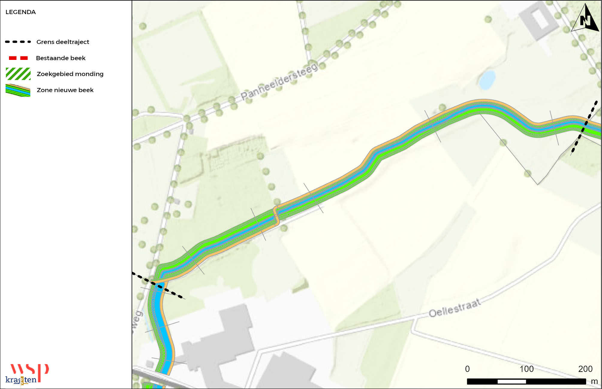 Tekening van deeltraject B van de beek met daarop de grens van het deeltraject weergeven en de nieuwe zone beek