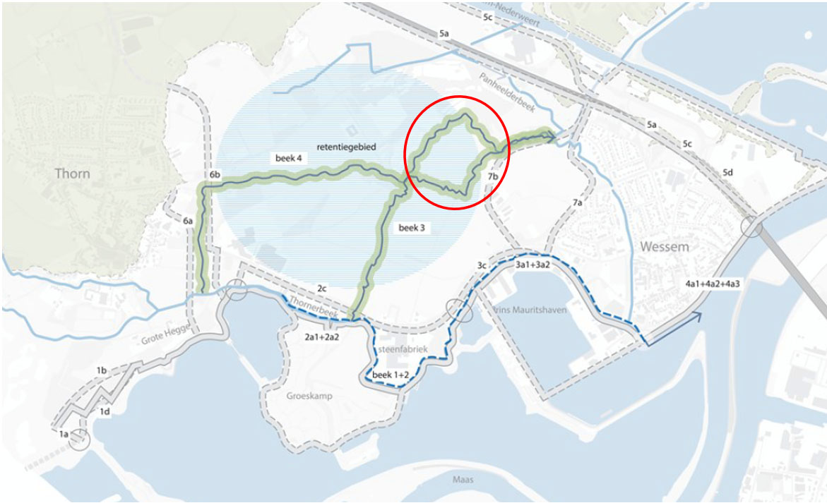 Kaart met een rood omcirkelde locatie aanduiding van de tijdens de verkenningsfase onderzochte varianten van de voorgestelde afwijking