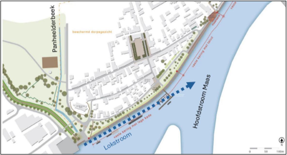 Kaart die de beekmonding en lokstroom van Thornerbeek in Maasboulevard weergeeft