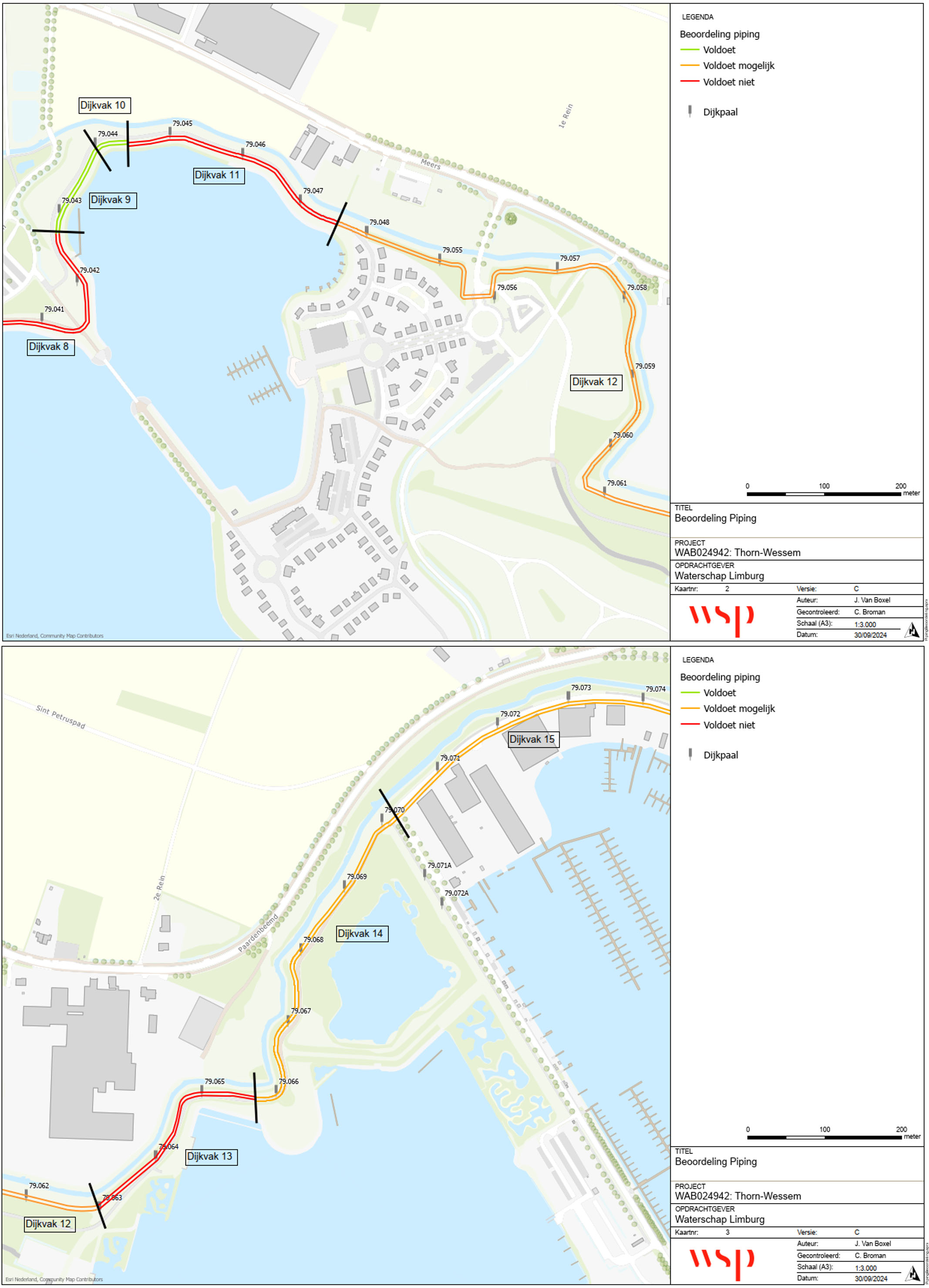 Kaart met een overzicht van de pipingmaatregelen opgedeeld in dijkvakken 8 t/m 15. Waar in wordt aangegeven of de piping beoordeling voldoet, mogelijk voldoet of niet voldoet. Hierbij wordt dijkvak 9 en 10 voldaan, dijkvak 12. 14 en 15 mogelijk voldaan en dijkvak 8, 11 en 13 niet voldaan.