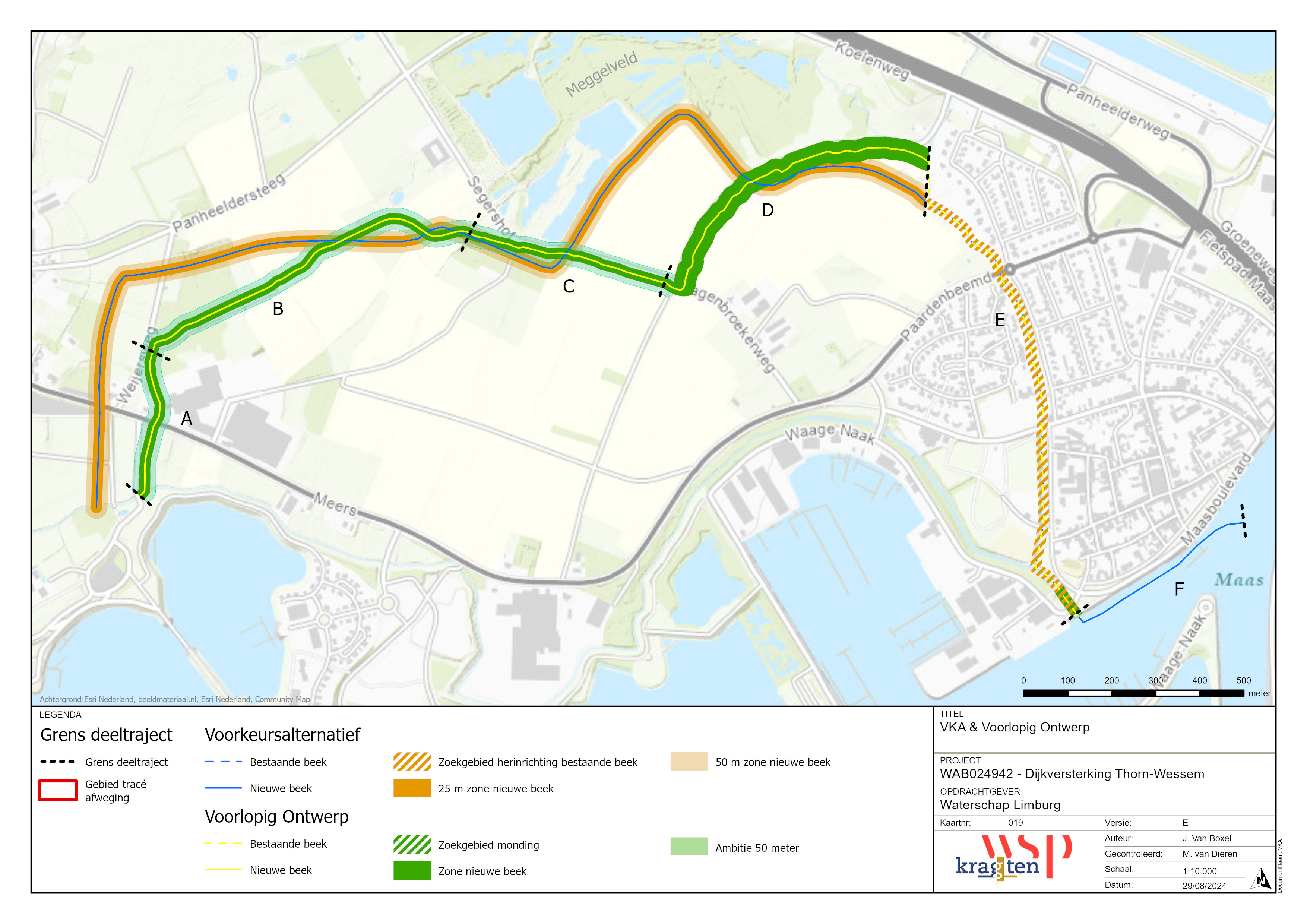 Kaart met het trace van het voorkeursalternatief en de inpassingsvariant van de beek over elkaar weergeven.