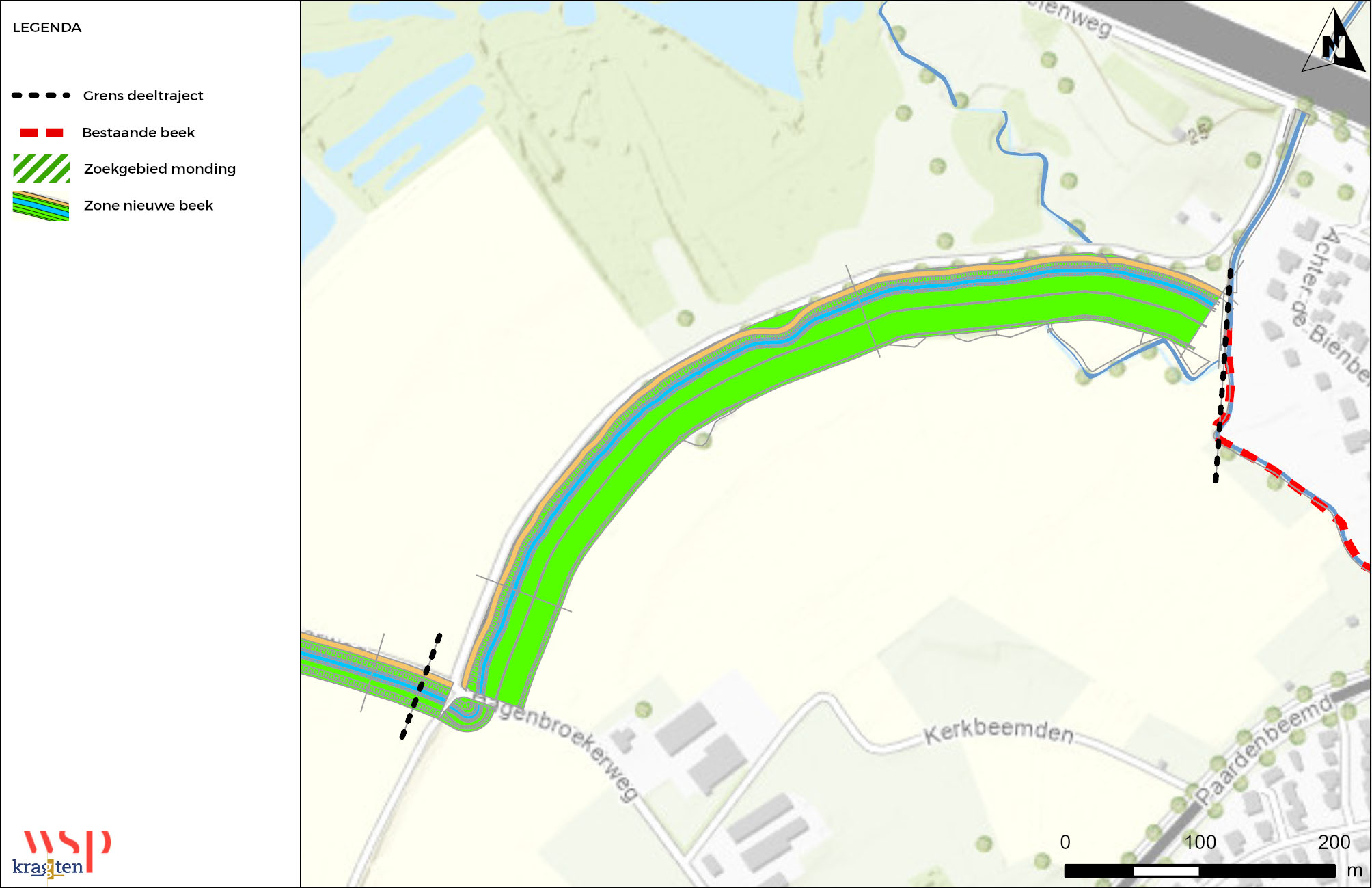 Tekening Deeltraject D met de grens van dit deeltraject weergeven en de nieuwe zone beek weergeven