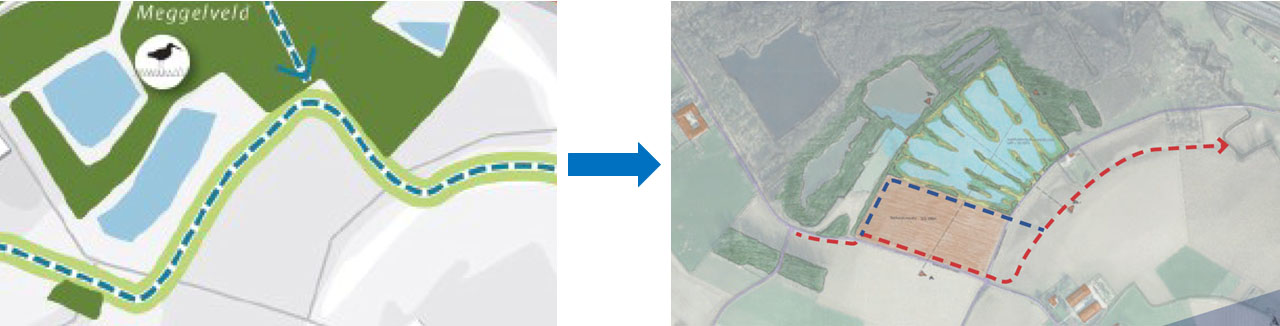 Twee tekeningen met links het voorkeursalternatief en rechts een afbakening van de door de isnpreker voorgestelde alternatieven zoals opgenomen in het schetsboek Meggelveld met er tussen in een pijl die van links naar rechts wijst