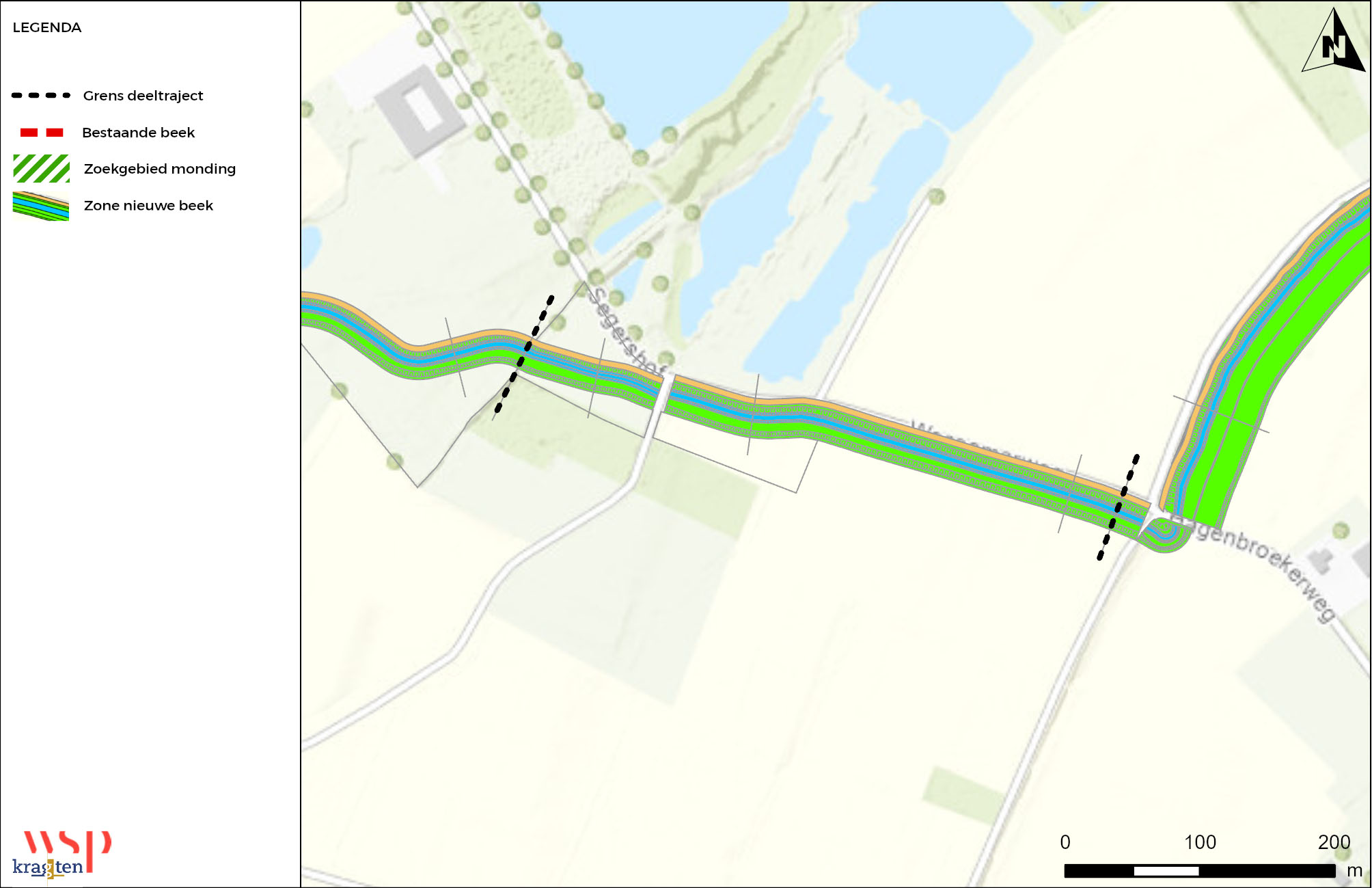 Tekening deeltraject C met daarin de grens van het deeltraject weergeven en de nieuwe zone beek