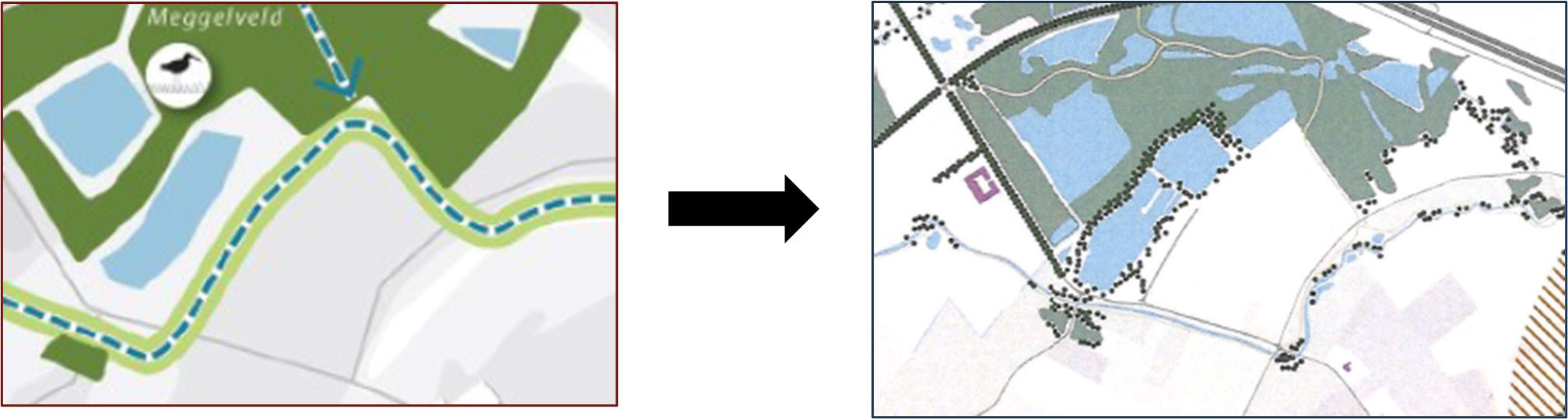 Twee tekeningen met links het voorkeursalternatief en rechts beekligging zoals opgenomen in het gebiedsperspectief met er tussen in een pijl die van links naar rechts wijst