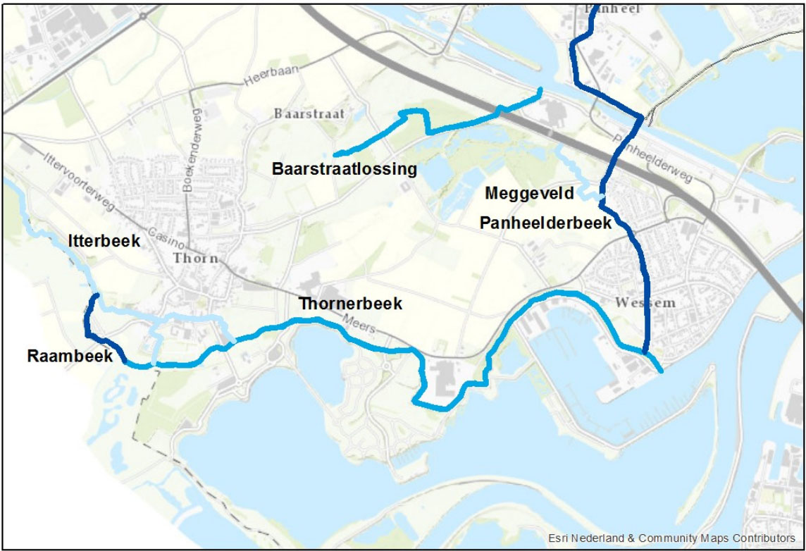 Kaart van de huidige ligging van de beken in het projectgebied