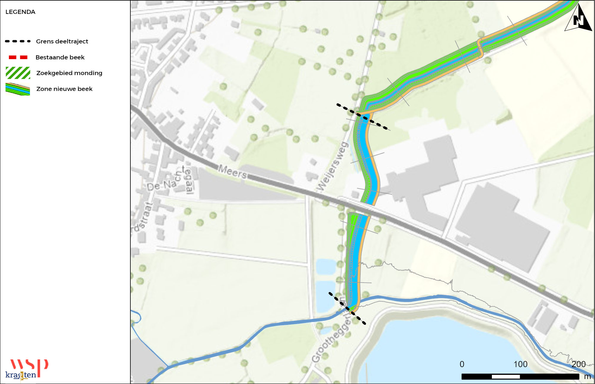 Tekening van deeltraject A met daarin de grens van het deeltraject aangegeven en de nieuwe beek