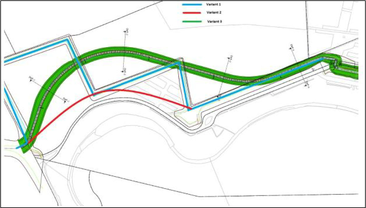 Tekening die de drie onderzochte inpassingsvarianten voor het ‘rechttrekken van de knikken’ weergeeft