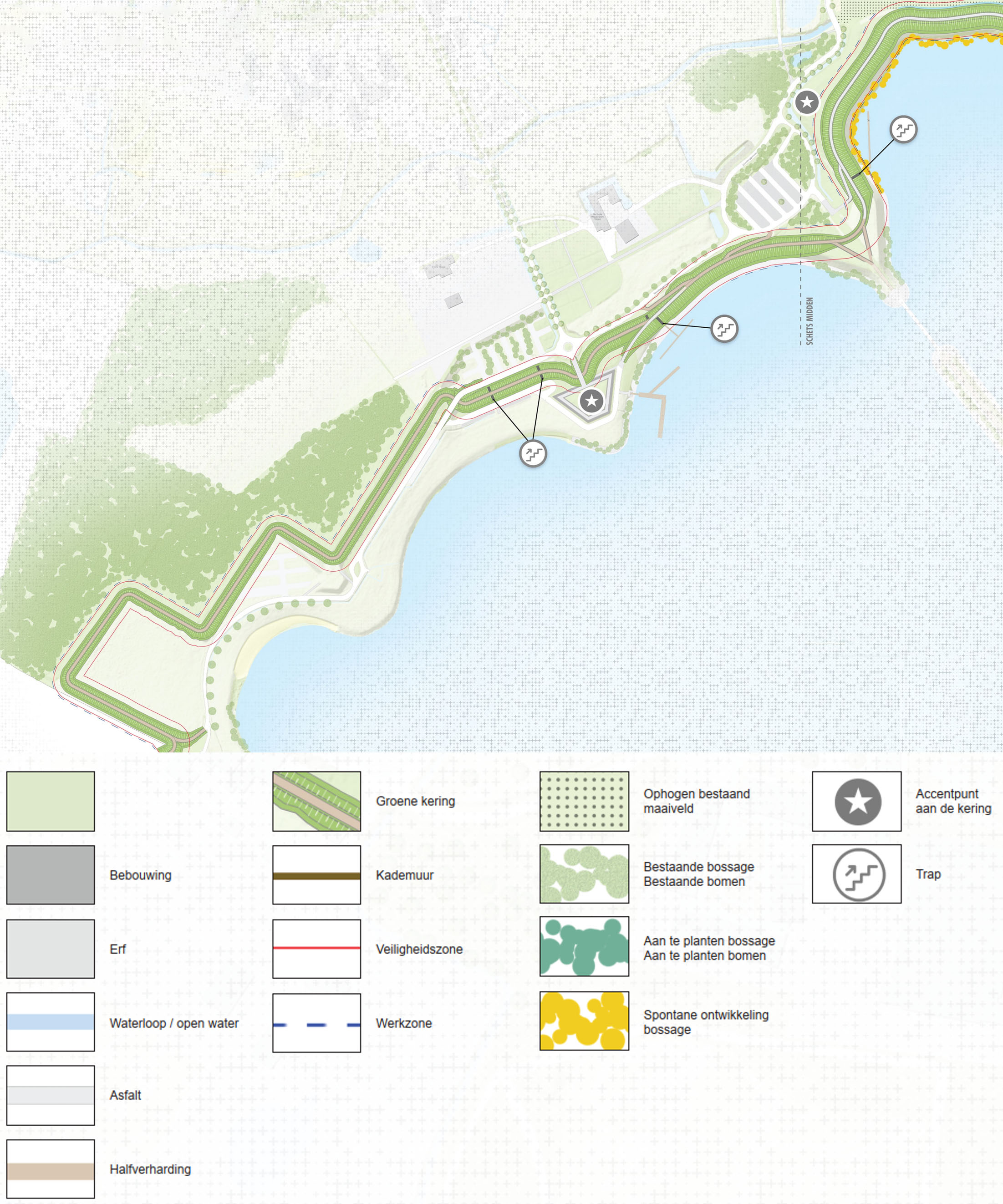 Tekening van een bovenaanzicht van dijksectie 1 inclusief agenda van de verschillende onderdelen op de kaart