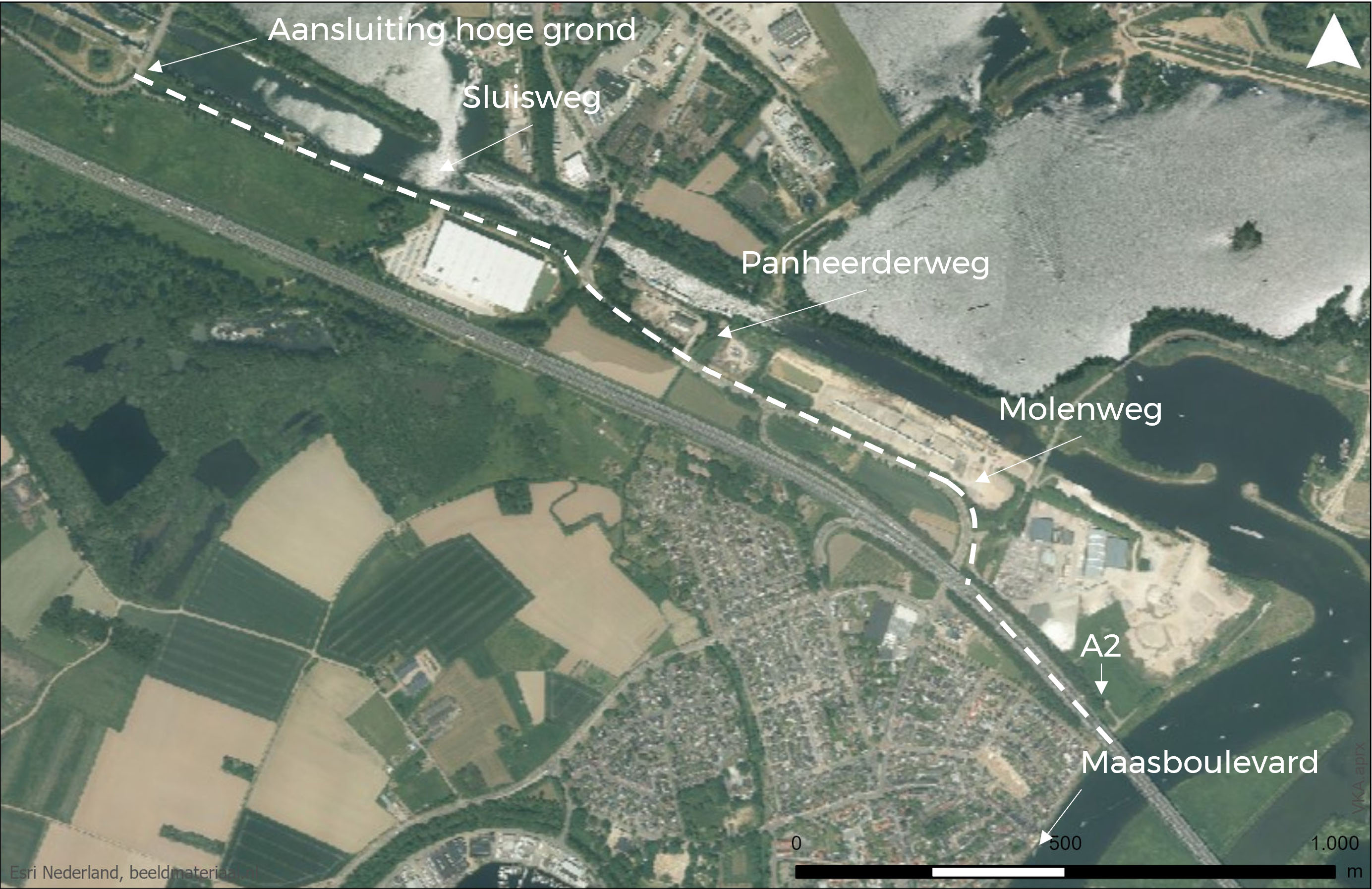 Luchtfoto met het Tracé van het nieuwe voorkeursalternatief aangegeven