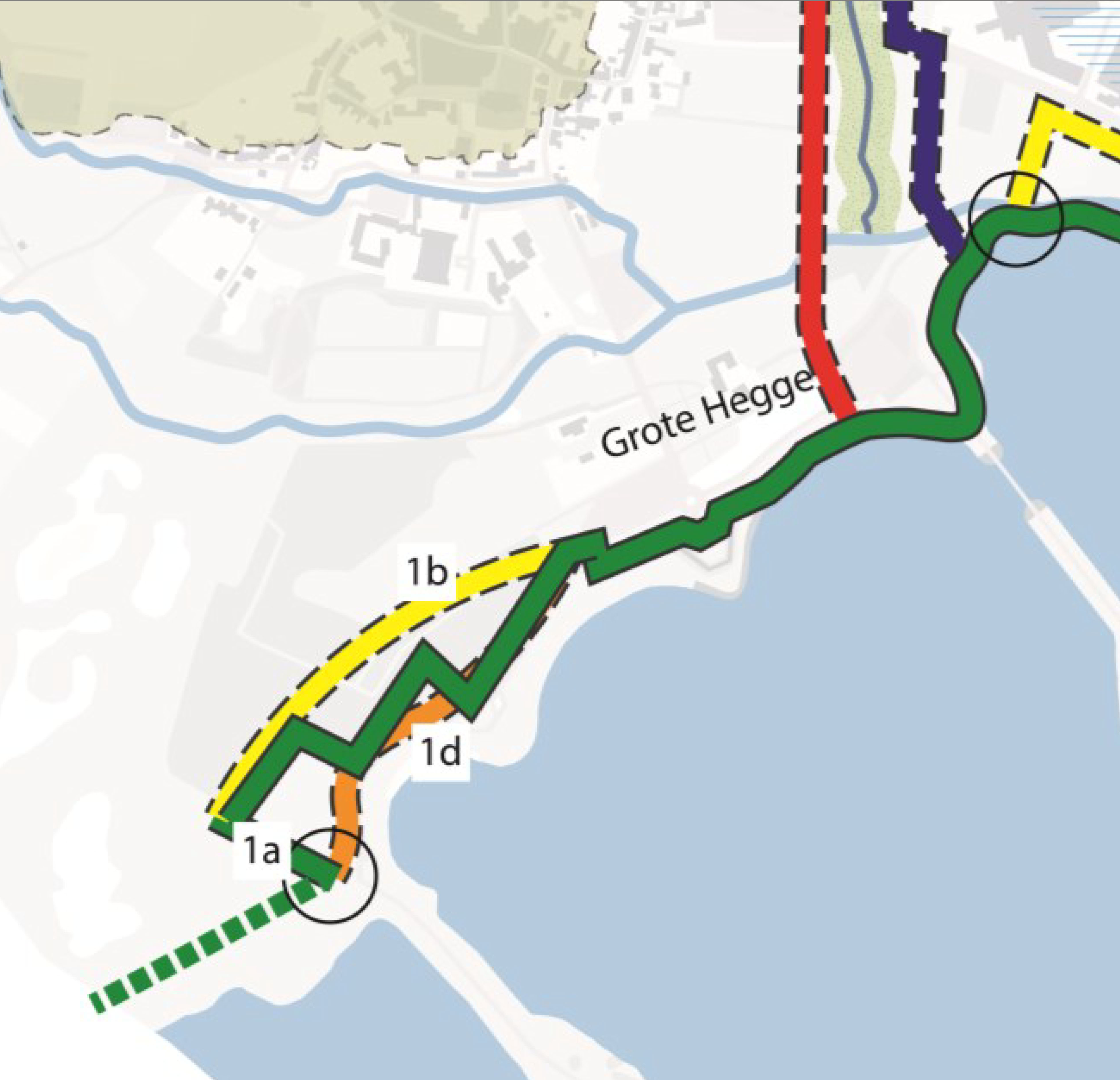 kaart die de inpassingsvarianten 1a t/m 1d in dijksectie 1 weergeeft.