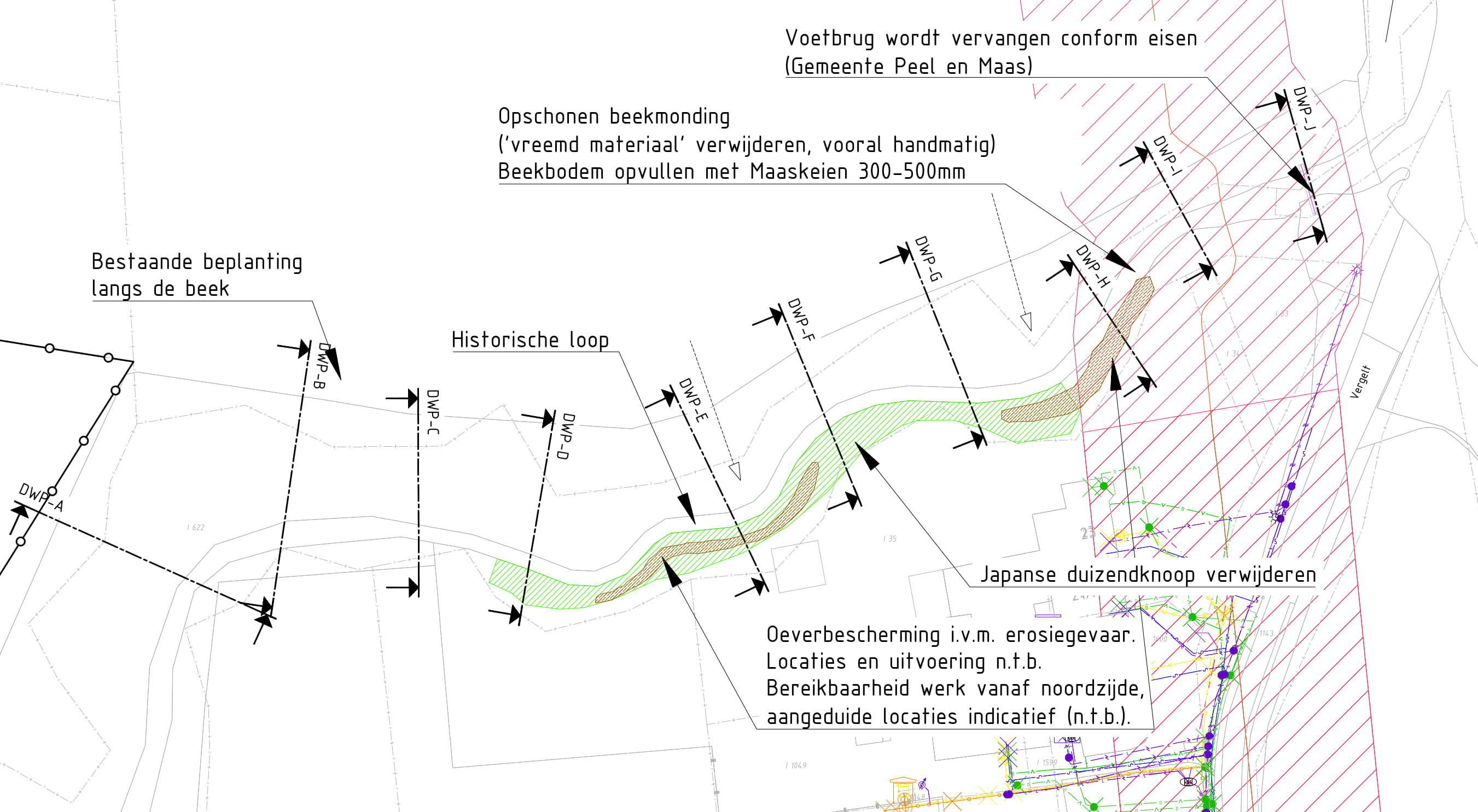 Figuur 12: Twee trajecten (rode lijnen) waar stapelsteenmuren zijn voorzien.