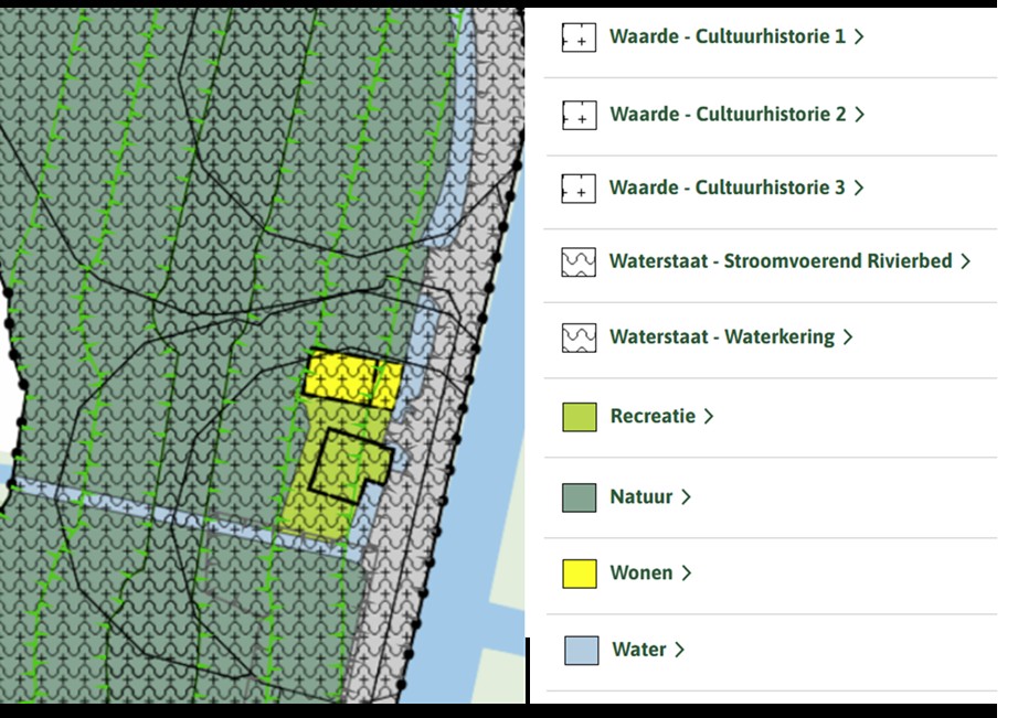 Een kaart met daarop de verbeelding van het bestemmingsplan. Op de kaart zijn de volgende bestemmingen te zien: Waarde – Cultuurhistorie 1, 2 en 3; Waterstaat – Stroomvoerend Rivierbed en Waterkering; Recreatie; Natuur; Wonen; Water; Daarnaast zijn de volgende gebiedsaanduidingen te zien: Vrijwaringszone – dijk 1 en overige zone – cultuurhistorisch landschapselement voormalige molenvijver.