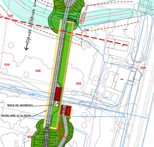 Een tekening van het plangebied voor projectplan Waterwet dijkversterking en -verlegging Arcen met daarin het ontwerp.