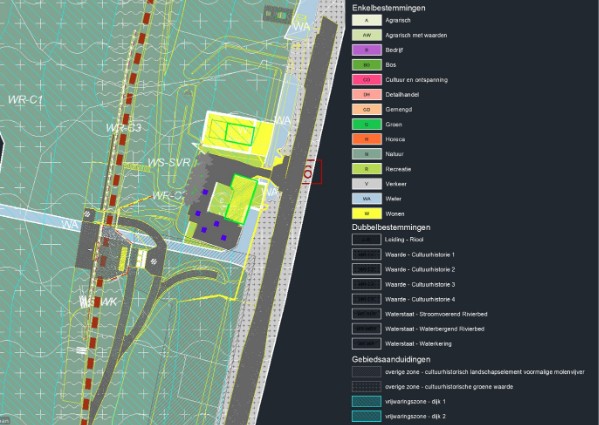 Een afbeelding met daarop het ontwerp van het gemaal en vispassage gecombineerd met de kaart uit het omgevingsplan zodat zichtbaar is welke bestemmingen er gelden.