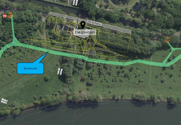 Een luchtfoto met daarop het ontwerp en de bouwroute gedurende de uitvoeringsfase weergegeven.