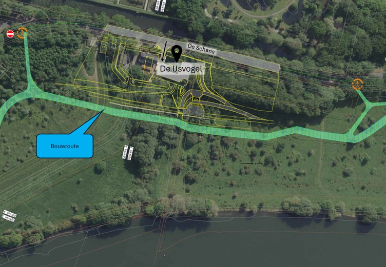 Een luchtfoto met daarop het ontwerp en de bouwroute gedurende de uitvoeringsfase weergegeven.