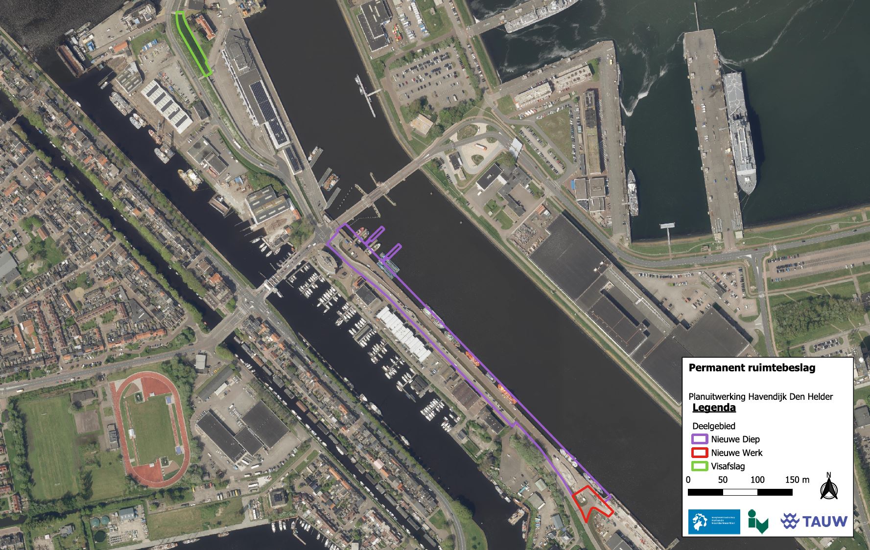 Kaart met daarop het permanent ruimtebeslag van de dijkversterking Havendijk Den Helder met daarin de drie deelgebieden. Van noord naar zuid: deelgebied Visafslag, deelgebied Nieuwe Diep en deelgebied Nieuwe Werk.