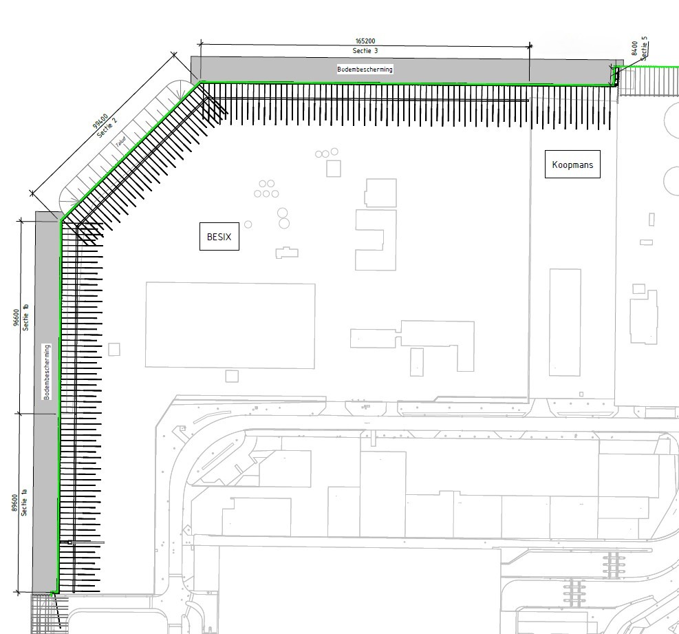 In figuur 2-4 is de nieuwe primaire kering langs de waterkant bij Besix weergegeven.