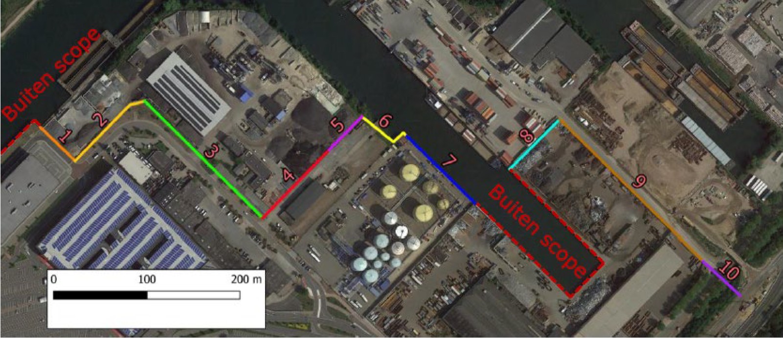 Figuur 2-2 laat de scope van het projectplan Waterwet zien zoals dat in 2022 is vastgesteld door het waterschap en eind 2022 door de provincie is goedgekeurd. In de tekening zijn tevens de 10 secties te zien.