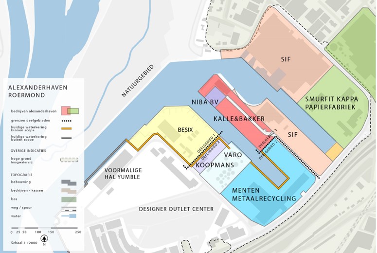 In figuur 2-1 zijn indicatief de acht bedrijven aangeduid die direct aan het water van de Willem-Alexanderhaven zijn gelegen. Het gaat om de bedrijven Besix, Varo, Koopmans, Menten, Niba, Kalle en Bakker, SIF en Smurfit Kappa.