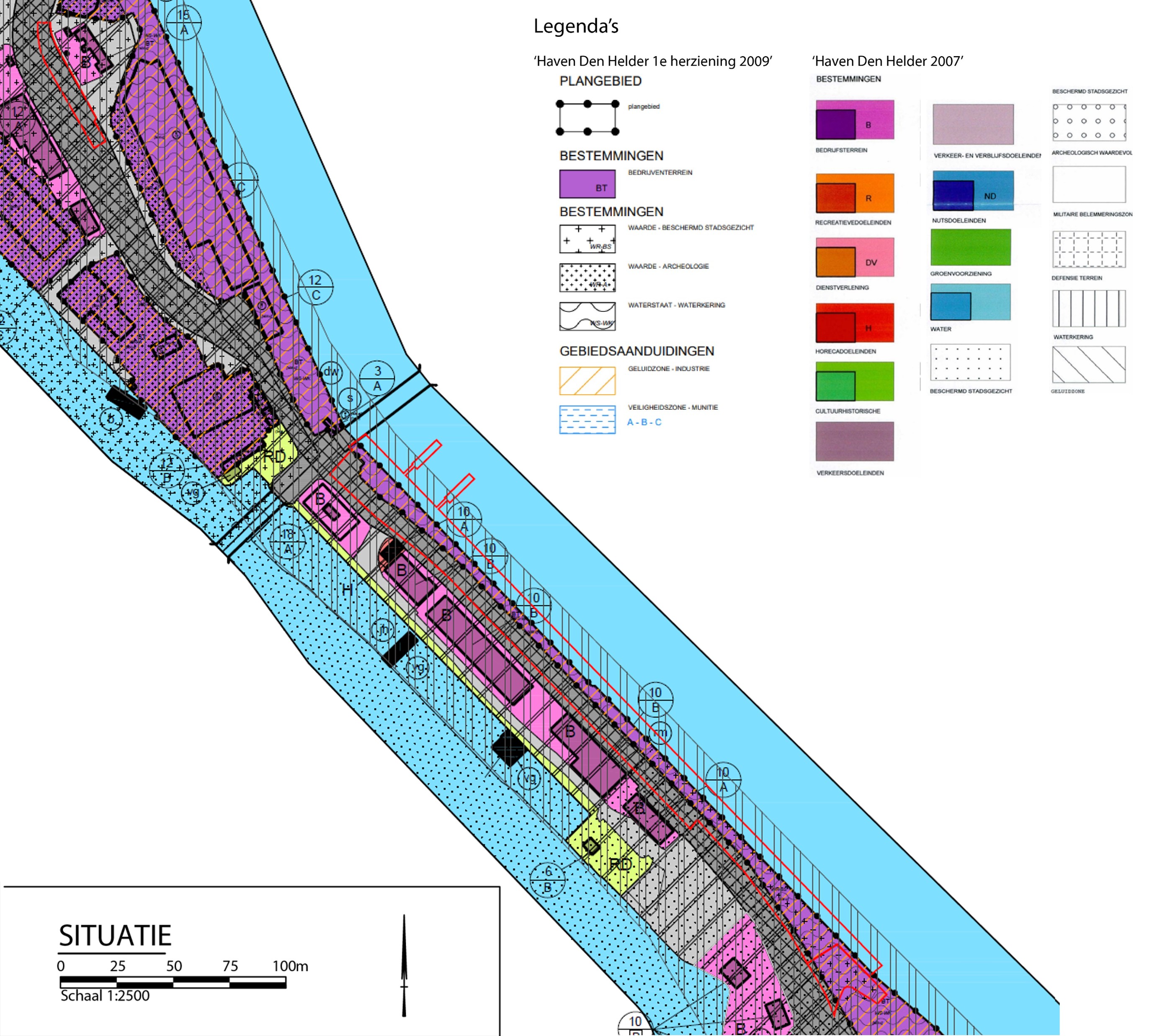 Kaart met de bestemmingsplannen 'Haven Den Helder 2007' en 'Haven Den Helder 1e herziening 2009' met het projectgebied rood omlijnd.