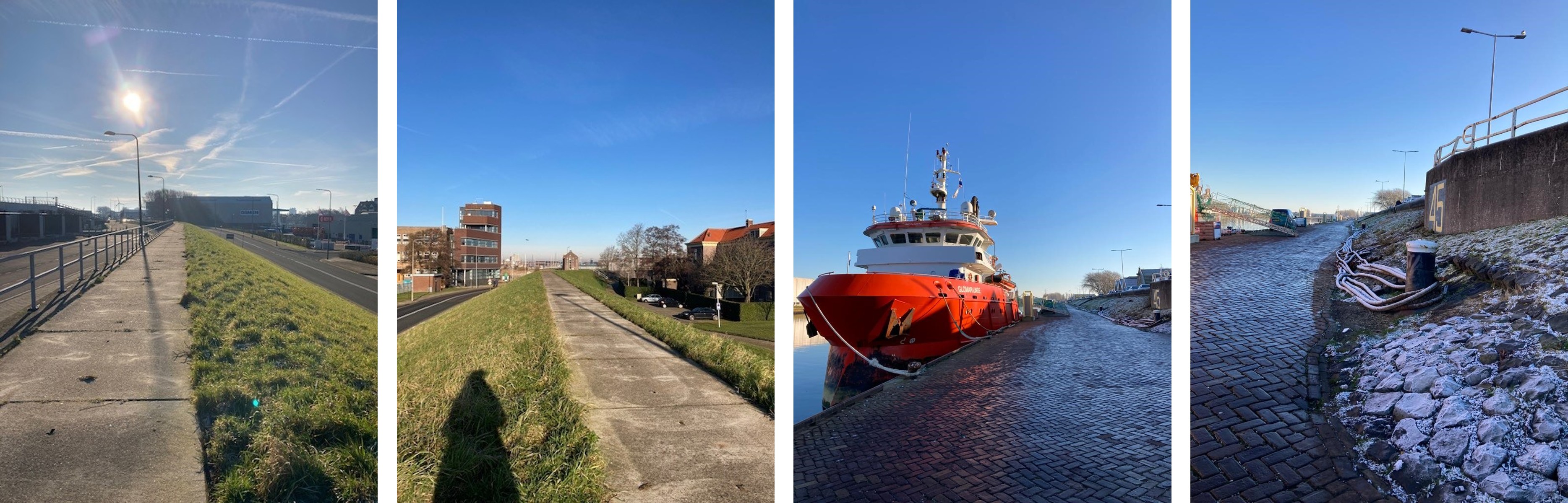 Vier foto’s uit de het projectgebied, twee foto’s uit het deelgebied Visafslag (twee linker) en twee foto’s uit het deelgebied Nieuwe Diep (twee rechter). De foto’s worden van links naar rechts beschreven. Op de eerste foto staat het voetpad naar de veerboot richting Texel, deze ligt op de dijk met aan de rechterkant het talud bedekt met gras. De tweede foto is genomen ter hoogte van het Havenkantoor, vanaf het voetpad op de dijk met aan beide kanten een talud bedekt met gras. De derde foto is op de kade van het Nieuwe Diep met een rode boot gelegen aan de kade. De vierde foto is ook op de kade van het Nieuwe Diep en daarop is de dijk te zien met een talud dat is bekleed met verharding en daarop sneeuw.