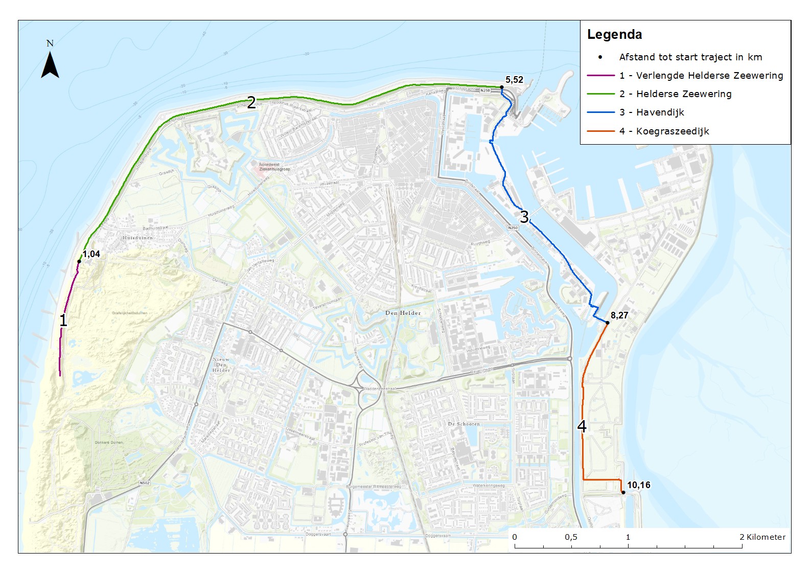 Kaart van het volledige dijktraject 13-4 onderverdeeld in 4 deelgebieden. De deelgebieden lopen langs de Kop van Noord-Holland en worden benoemd van west via noord naar oost. A – Verlengde Helderse Zeewering, B – Helderse zeewering, C – Havendijk en D – Koegraszeedijk.
