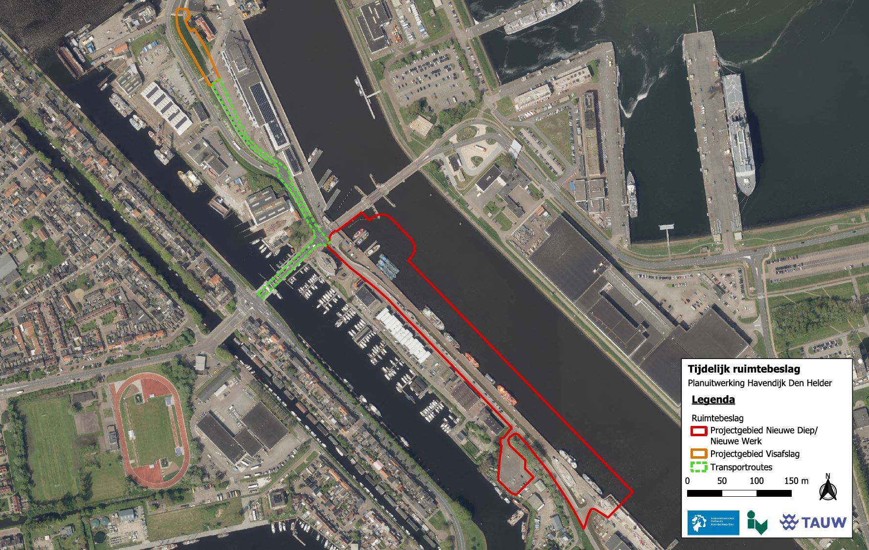 Kaart met daarop het tijdelijk ruimtebeslag van de dijkversterking Havendijk Den Helder met daarin de drie deelgebieden. Van noord naar zuid: deelgebied Visafslag en deelgebied Nieuwe Diep/ Nieuwe Werk. Tussen de deelgebieden in is ook een gebied gemarkeerd als transportroutes.