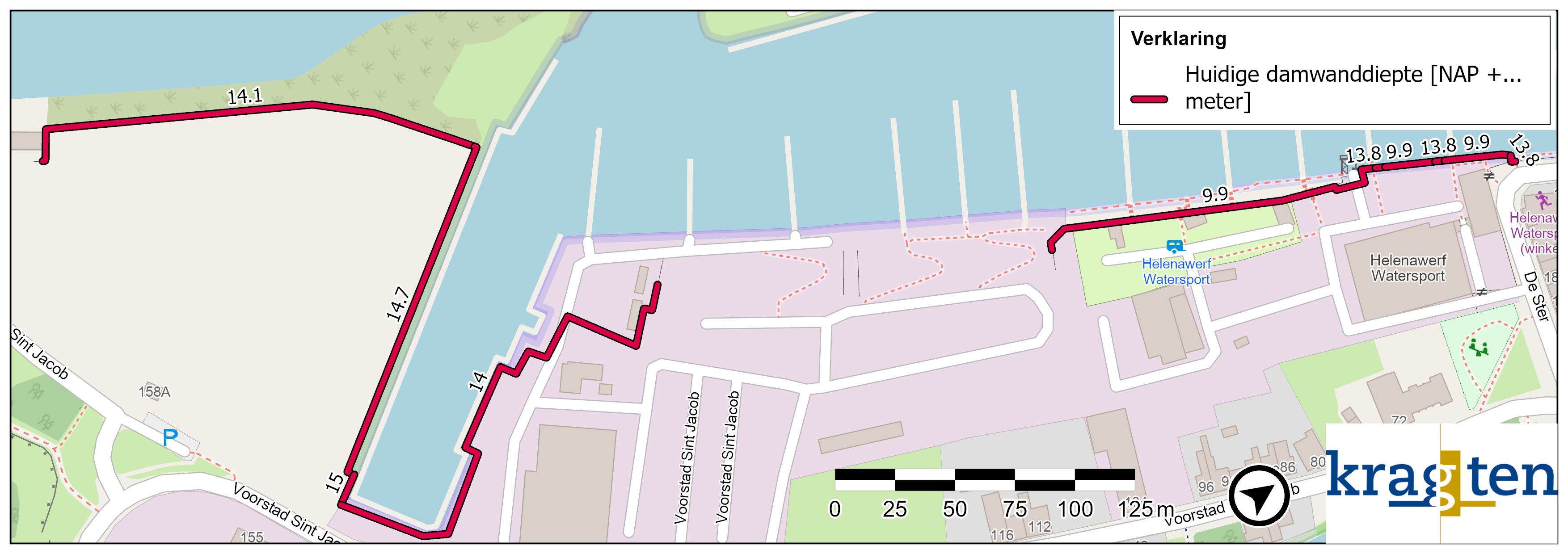 Figur 5: Locatie huidige damwanden, inclusief diepte ten opzichte van NAP.