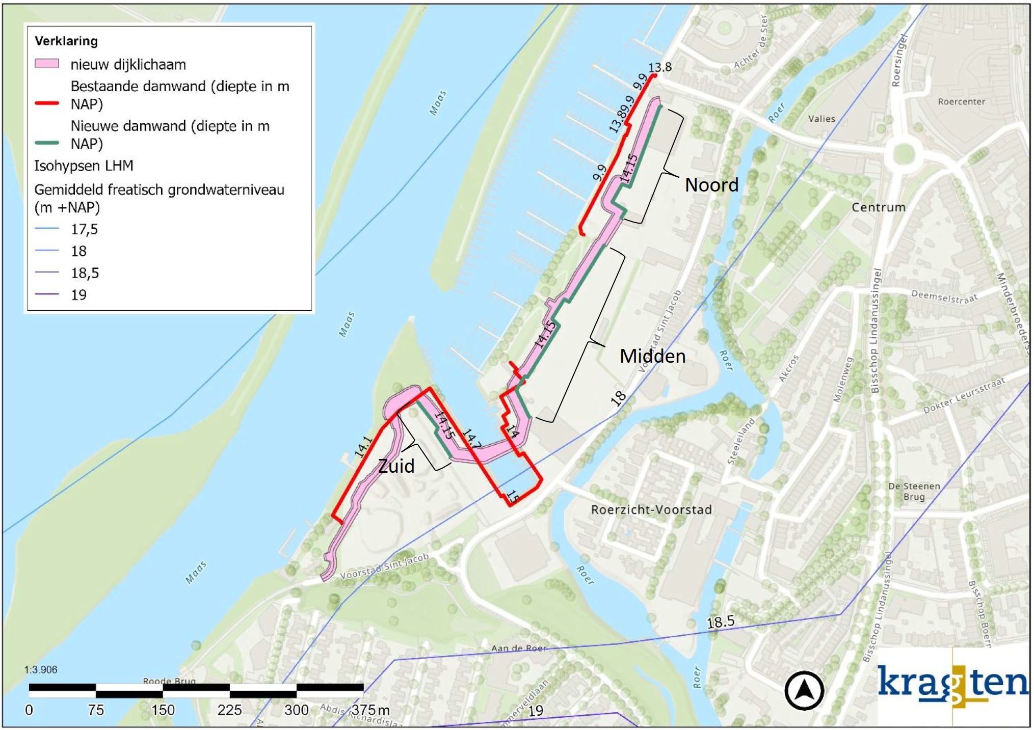 Figuur 11: Bestaande damwand en nieuwe damwand (of verticale constructie; aangeduid met noord, midden en zuid) met daarin de diepte aangegeven. Ook zijn de isohypsen van het gemiddeld freatisch grondwaterniveau weergegeven.