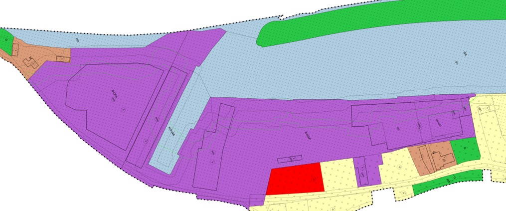 Figuur 12: Bestemmingsvlakken met daarop de contouren (dunne groene lijnen) van de ingreep geprojecteerd.